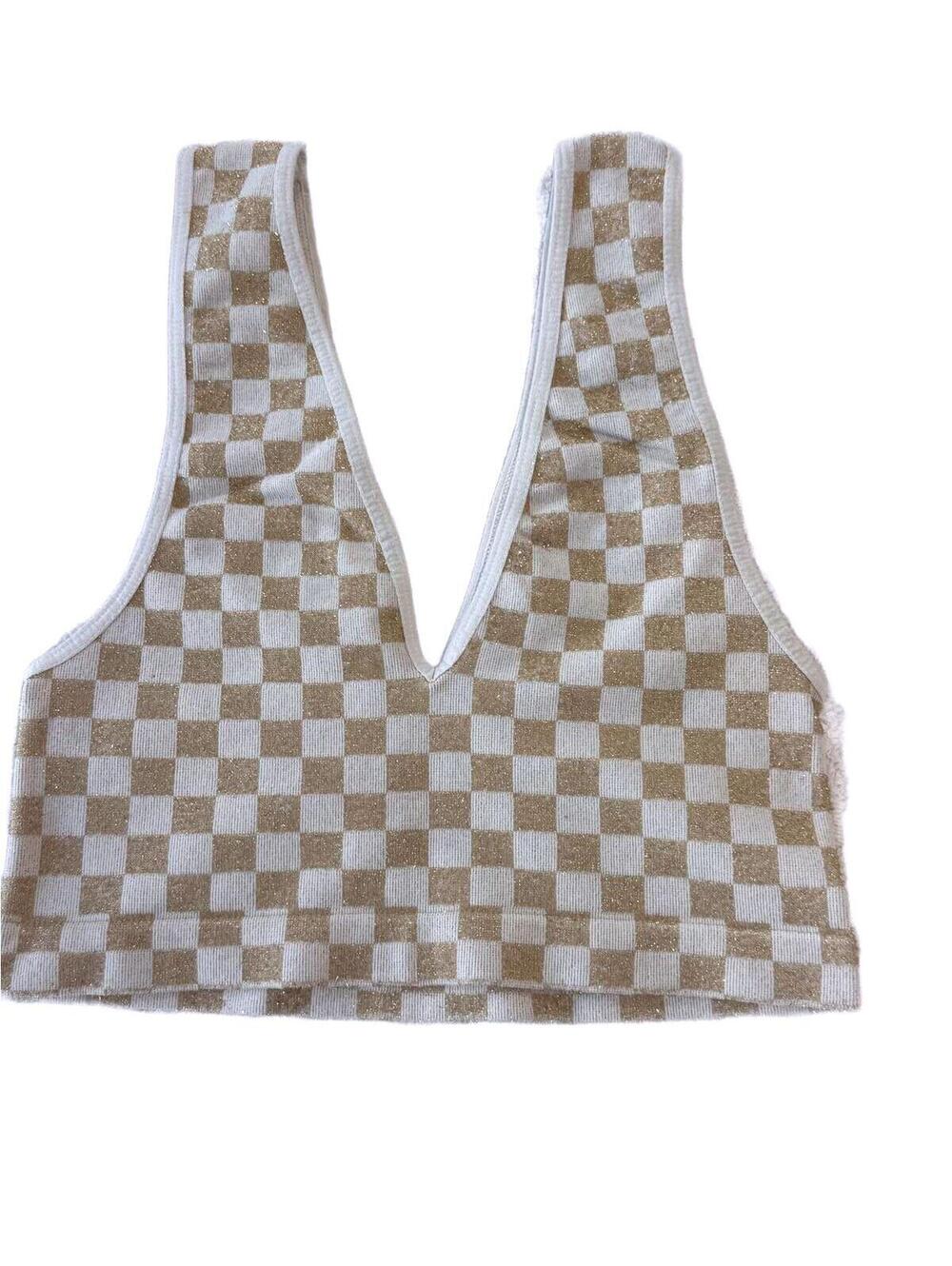 Free People Checkered Knit Crop Top V Neck Sleeveless Sweater Vest Brown Plaid
